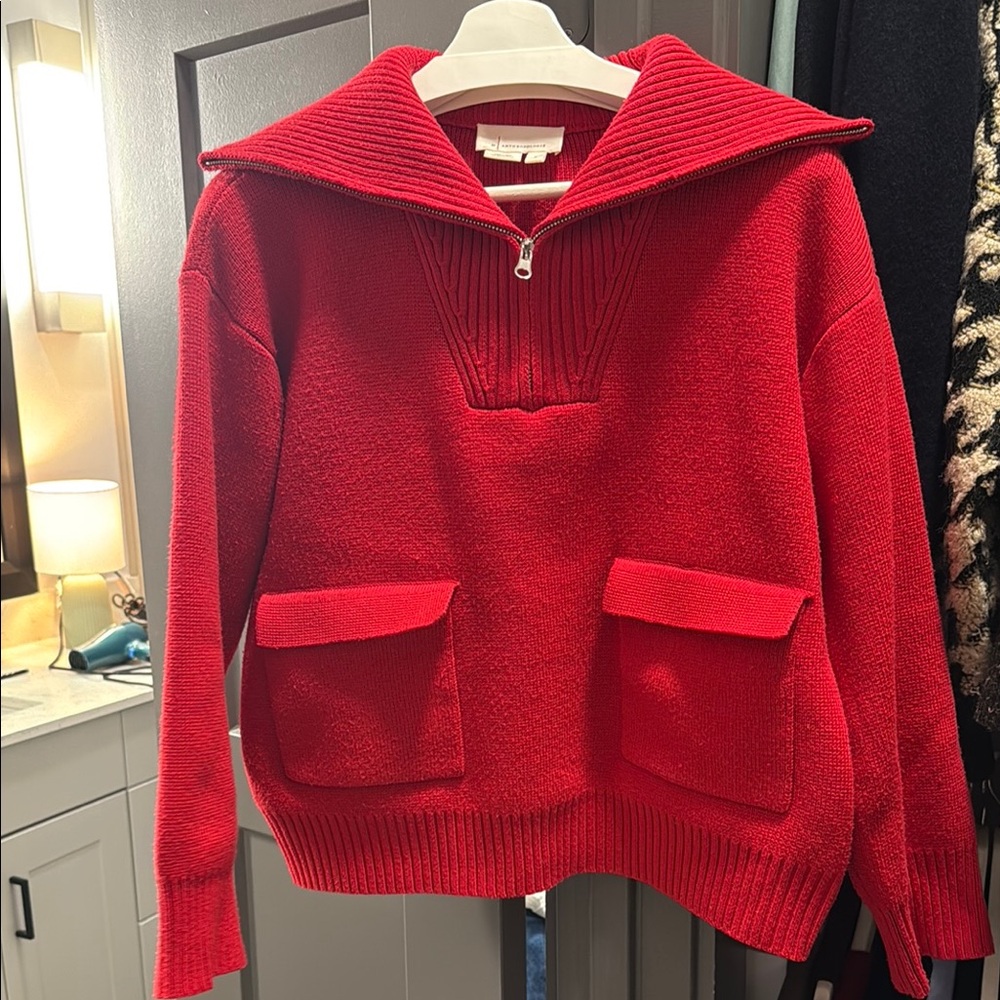 Red Half-Zip Funnel Neck Pocket Sweater